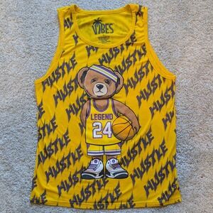 Vibes Yellow Hustle Basketball Bear Graphic Tank Top Men's Large Streetwear